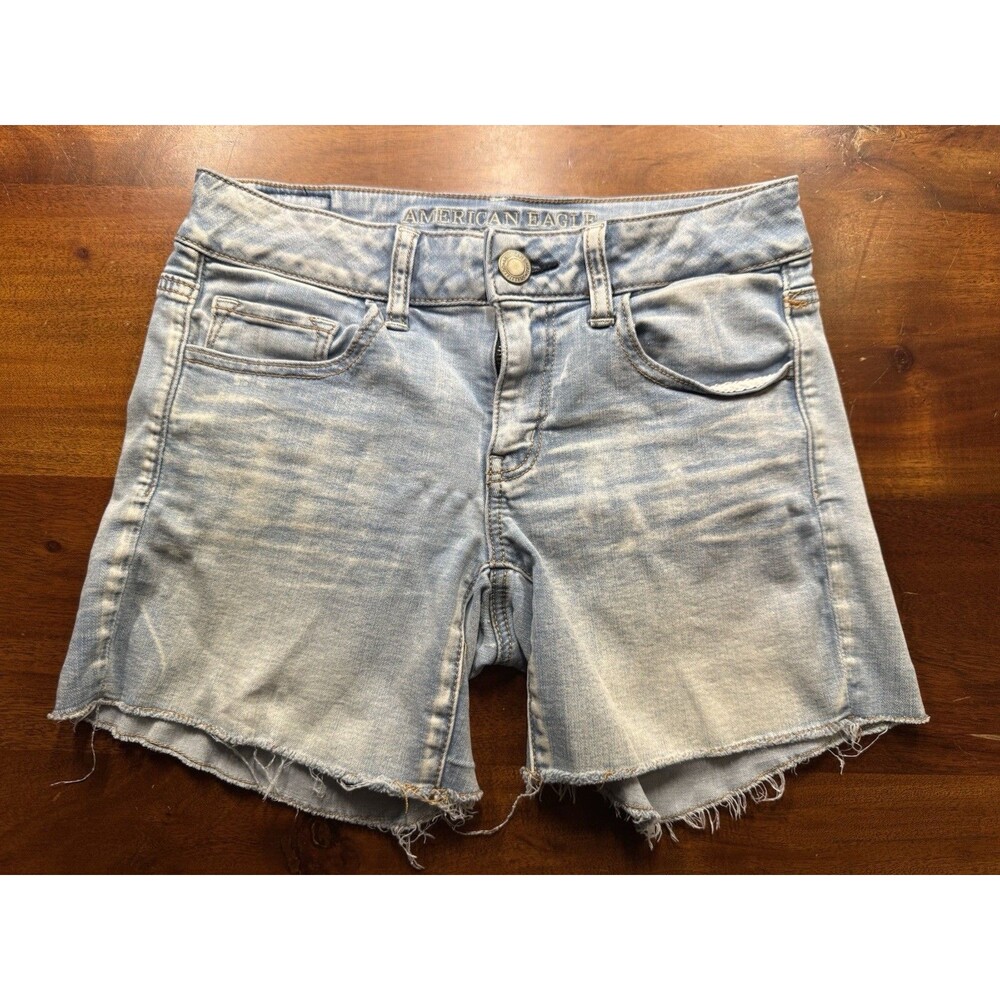 American Eagle Midi Jean Shorts Size 4 Super Super Stretch Cutoff Low Rise
